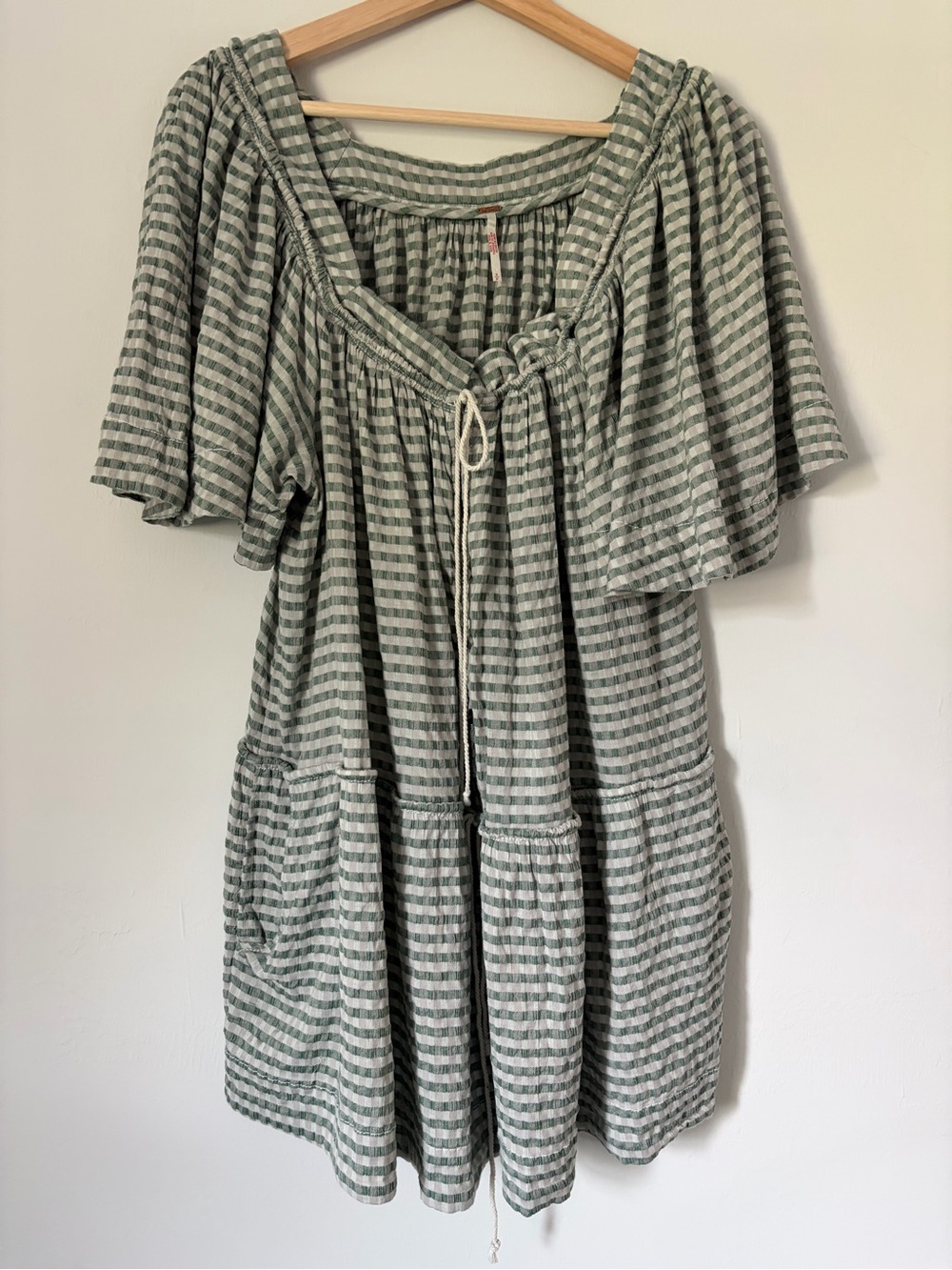 Free People Green Gingham Check Square Neck Flutter
Sleeve Tiered Romper